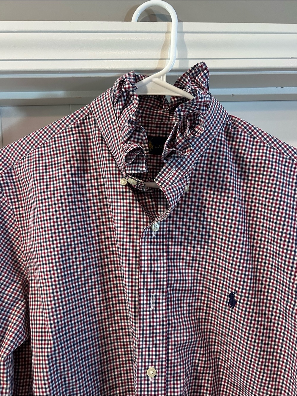Ralph Lauren Polo Upcycled Ruffle Collar Red Navy Gingham Button-Down Shirt